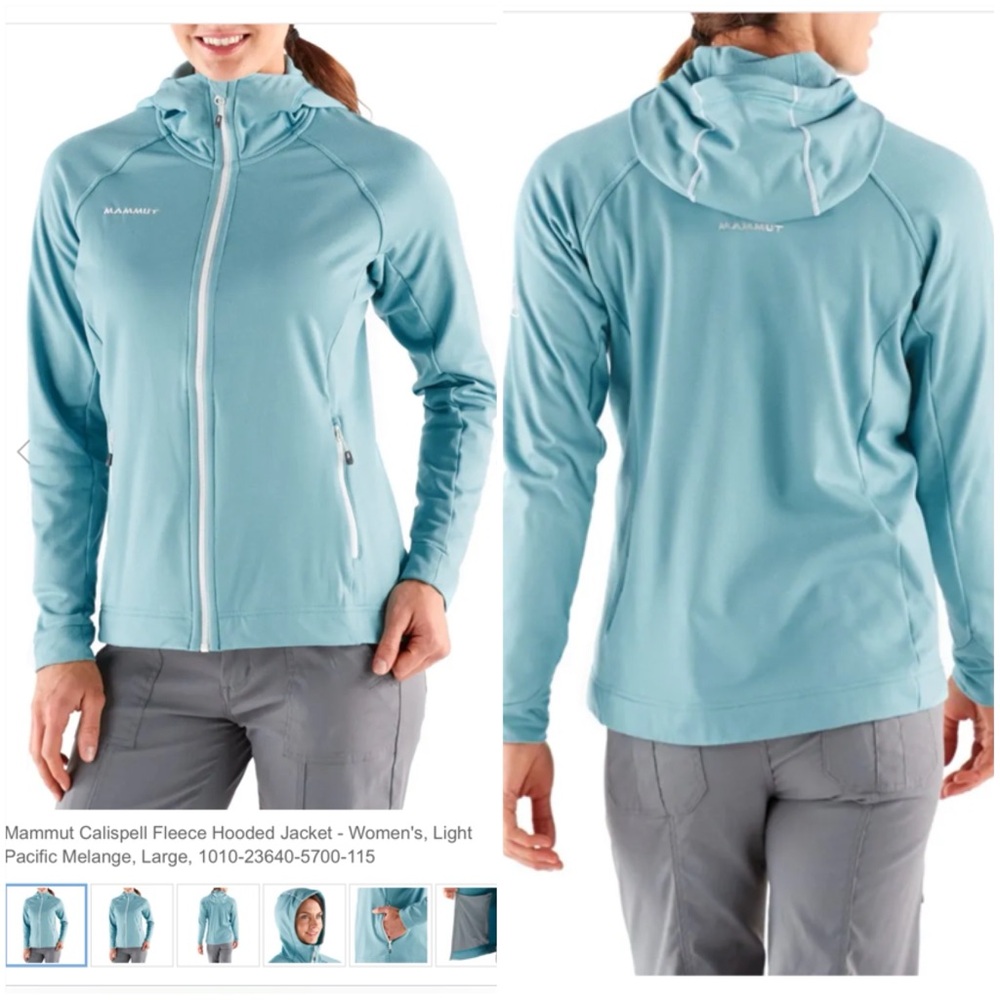 Mammut Women’s Calispell Fleece Hooded Jacket Light Pacific Melange Aqua UPF 50+ - Picture 2 of 14